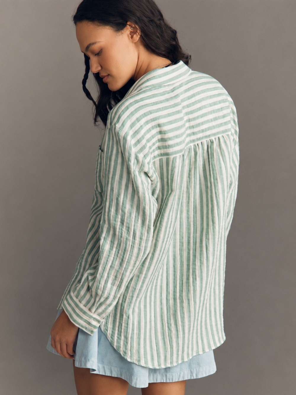 Pilcro Green and White Striped Button Down Shirt - Picture 2 of 15